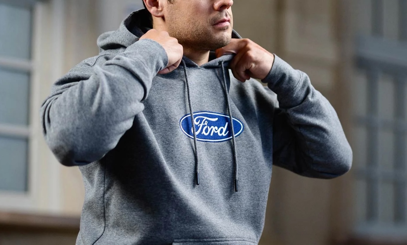 man wearing ford hoodie